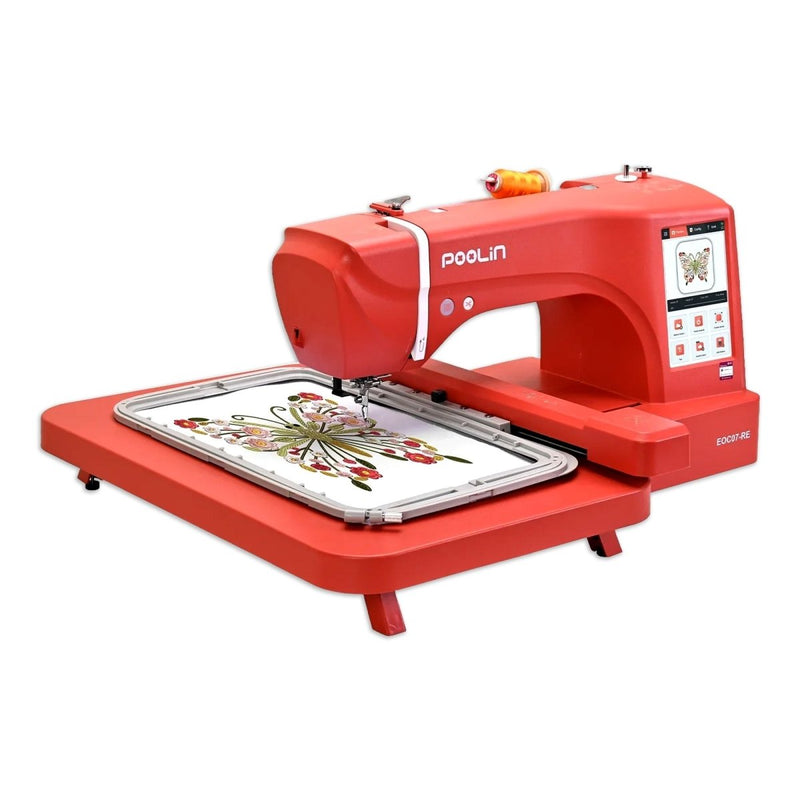 POOLIN EOC07 7.9in x 15in Embroidery Machine with Deluxe Accessory Bundle - Red - Swing Design3