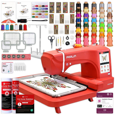 POOLIN EOC07 7.9in x 15in Embroidery Machine with Deluxe Accessory Bundle - Red - Swing Design1