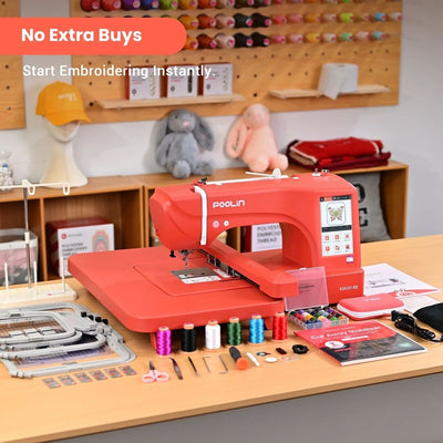POOLIN EOC07 7.9in x 15in Embroidery Machine with Deluxe Accessory Bundle - Red - Swing Design22