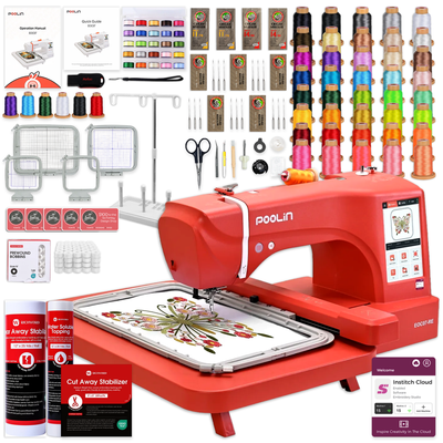 POOLIN EOC07 7.9in x 15in Embroidery Machine with Deluxe Accessory Bundle - Red Swing Design 1