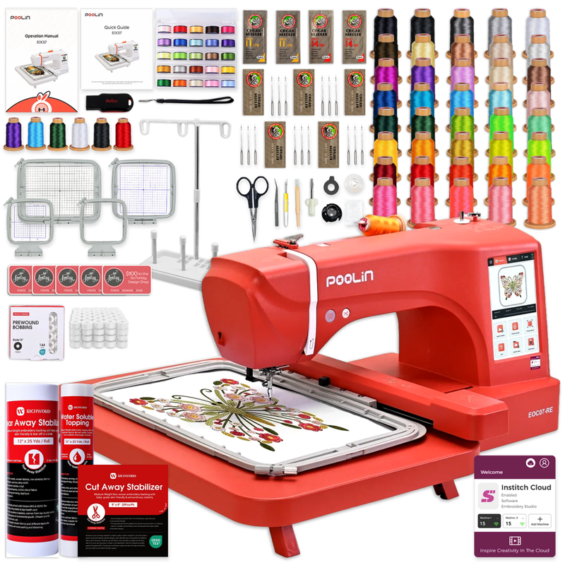 POOLIN EOC07 7.9in x 15in Embroidery Machine with Deluxe Accessory Bundle - Red Swing Design 1