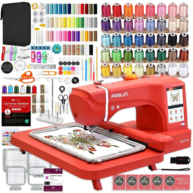 POOLIN EOC07 7.9in x 15in Embroidery Machine with Embroidery Accessory Kit - Red - Swing Design1