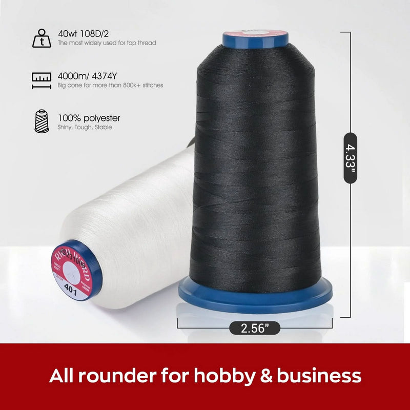 Richword 4000m 108D/2 40wt Black Polyester Embroidery Thread Spools - 100pc Sewing Accessories Poolin 