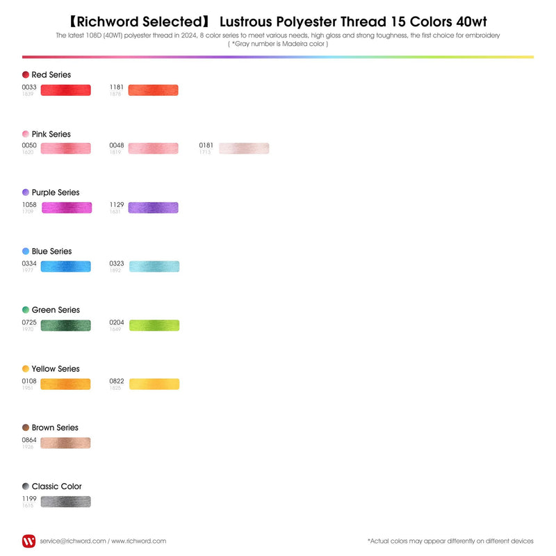 Richword 4000m 108D/2 40wt Polyester Embroidery Thread Spools - 15pc Sewing Accessories Poolin 