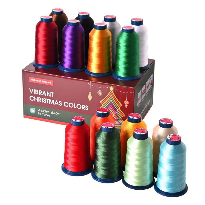 Richword 4000m Christmas & Holiday Embroidery Thread Spools - 15pc Sewing Accessories Poolin 