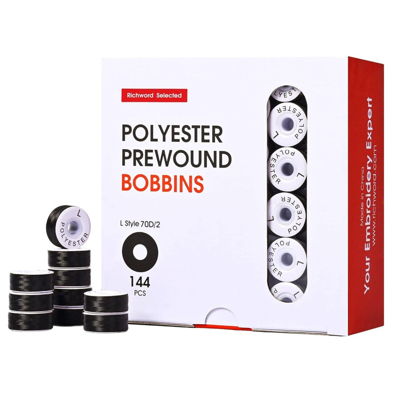 Richword Type L Paper Prewound Black Embroidery Bobbins 70D/2(60WT) - 144pc - Swing Design1