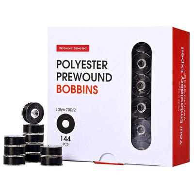 Richword Type L Plastic Prewound Black Embroidery Bobbins 70D/2(60WT) - 144pc - Swing Design1