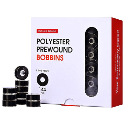 Richword Type L Plastic Prewound Black Embroidery Bobbins 75D/2(60WT) - 144pc - Swing Design1