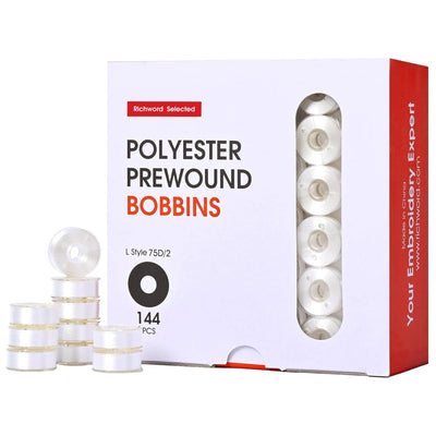 Richword Type L Plastic Prewound White Embroidery Bobbins 75D/2(60WT) - 144pc - Swing Design1