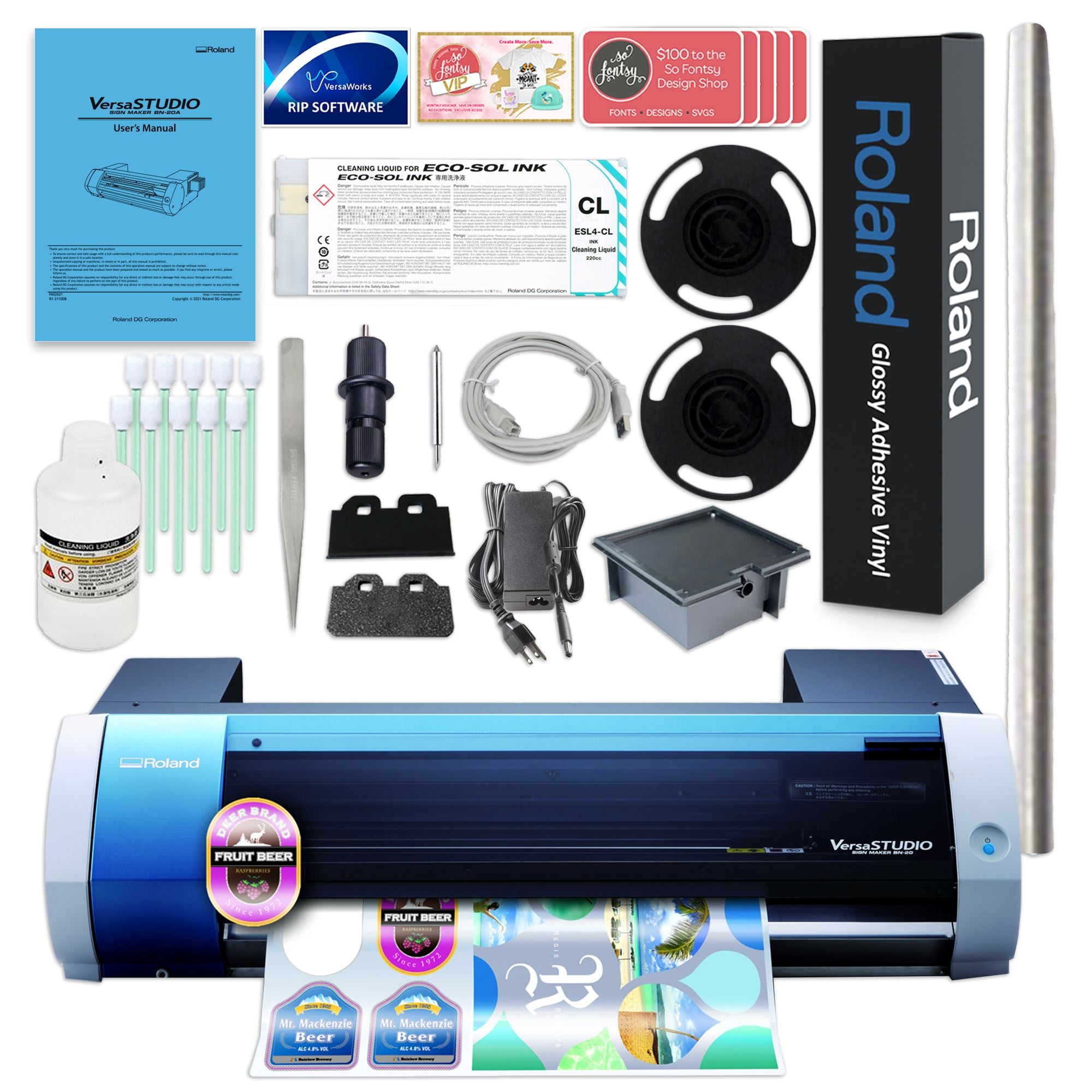Roland BN-20A Desktop 20" Eco-Solvent Printer & Cutter w/ CMYK Inks & CorelDRAW Eco Printers Roland 