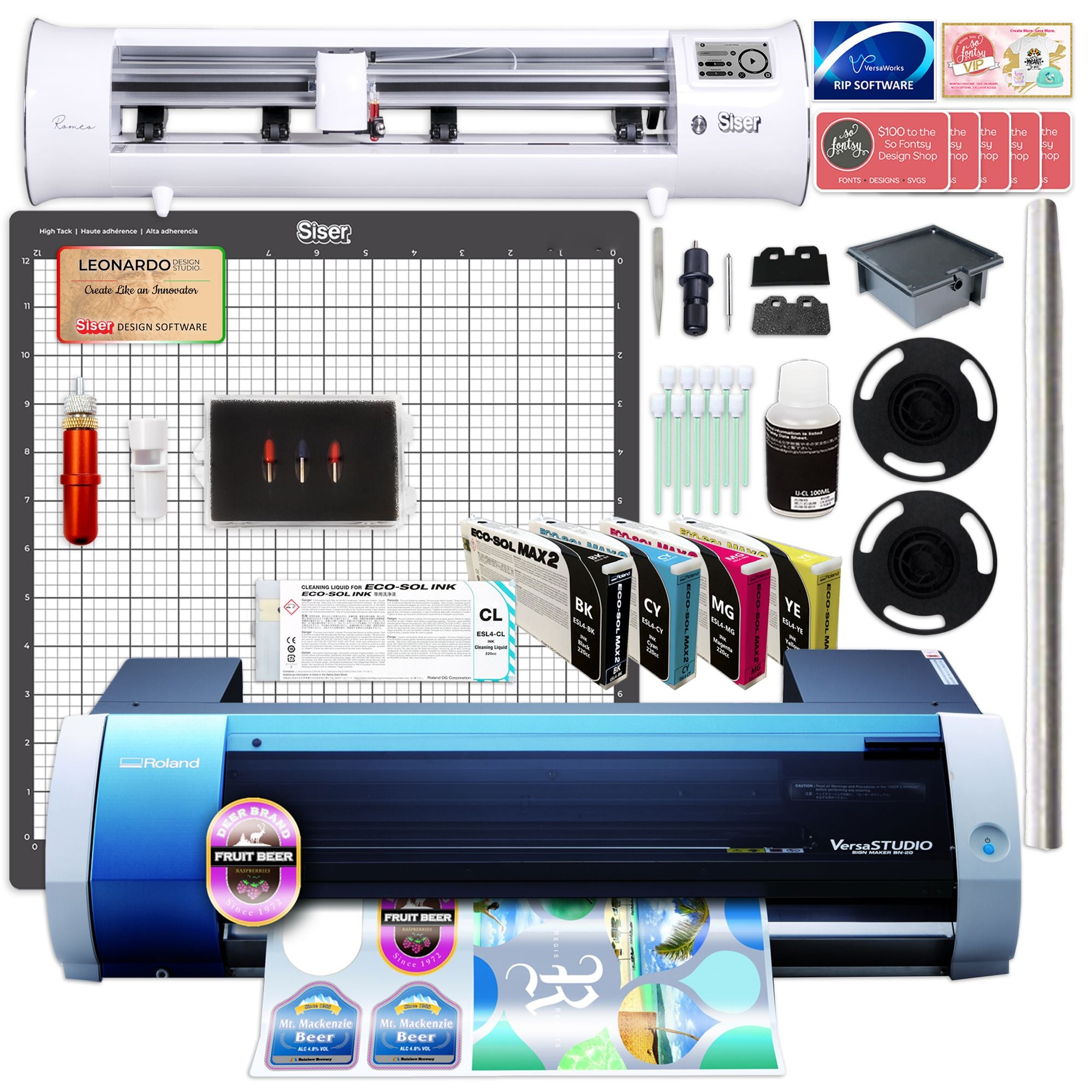 Roland BN-20A Eco-Solvent 20" Printer & Cutter w/ CMYK Inks & Siser Romeo Eco Printers Roland 