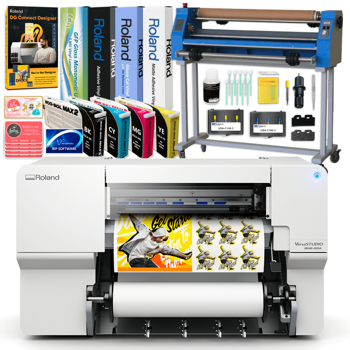 Roland BN2-20A Desktop 20" Eco-Solvent Printer &amp; Cutter w/ Laminator Bundle BN2-20A w/ 20" GFP Cold Laminator Swing Design 1