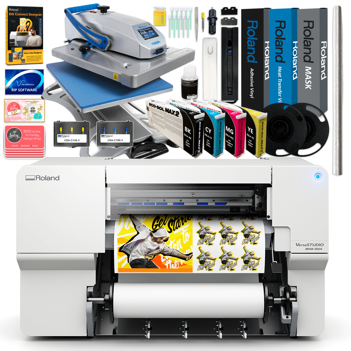 Roland BN2-20A Eco-Solvent 20" Printer &amp; Cutter w/ Heat Press Business Bundle Swing Design 1
