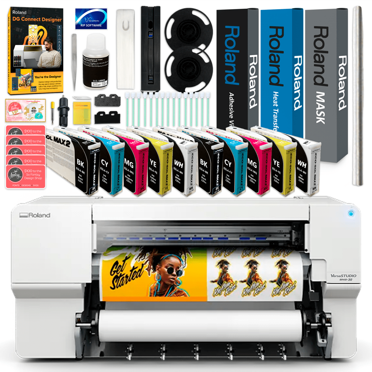 Roland BN2-30 Desktop 30" Eco-Solvent Printer &amp; Cutter w/ Double Inks &amp; MediaBN2-30 w/ CMYK + White Inks - Swing Design1