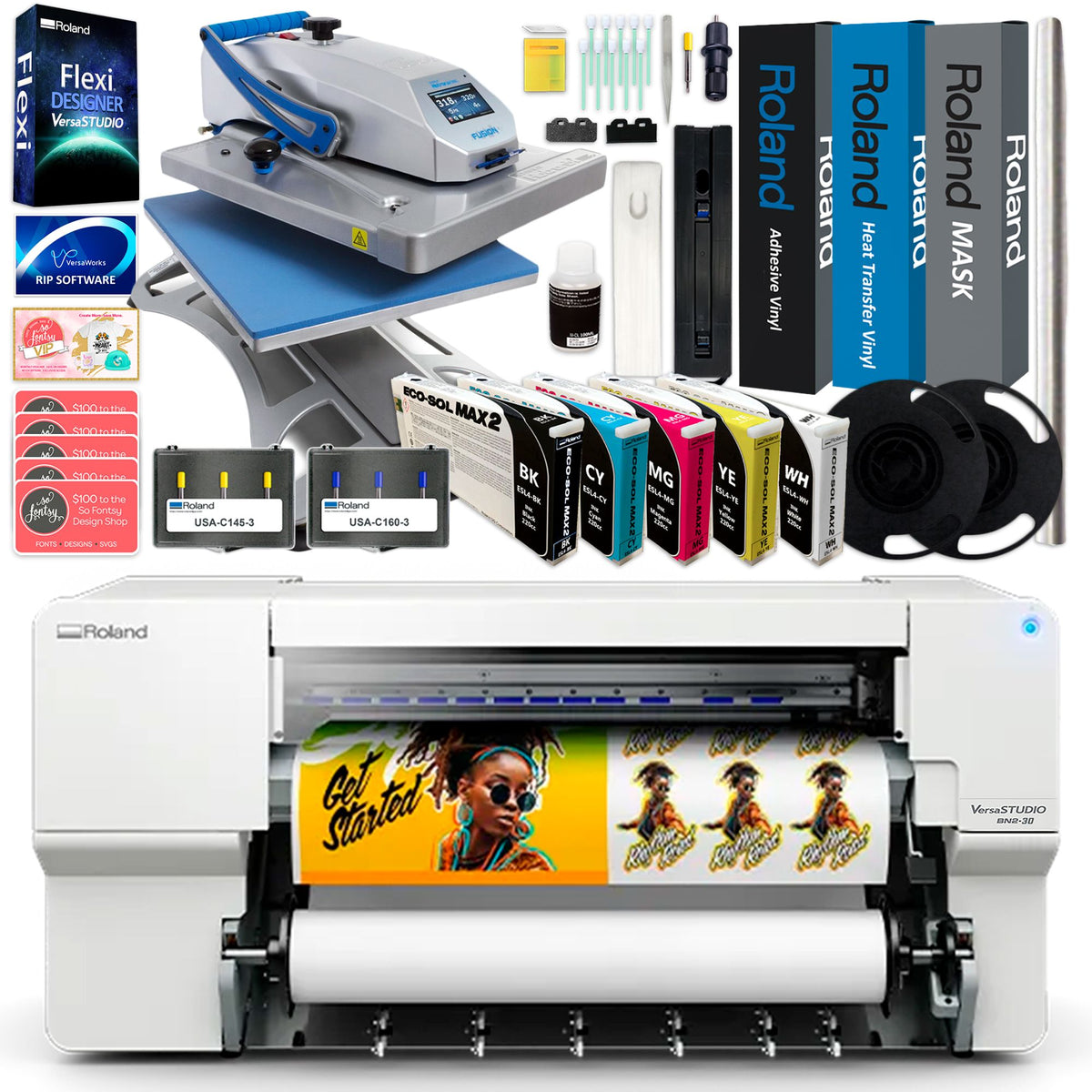 Roland BN2-30 Eco-Solvent 30&quot; Printer &amp; Cutter Heat Press Business Bundle Roland BN2-30A Printers Roland BN2-30 w/ CMMYK Inks 