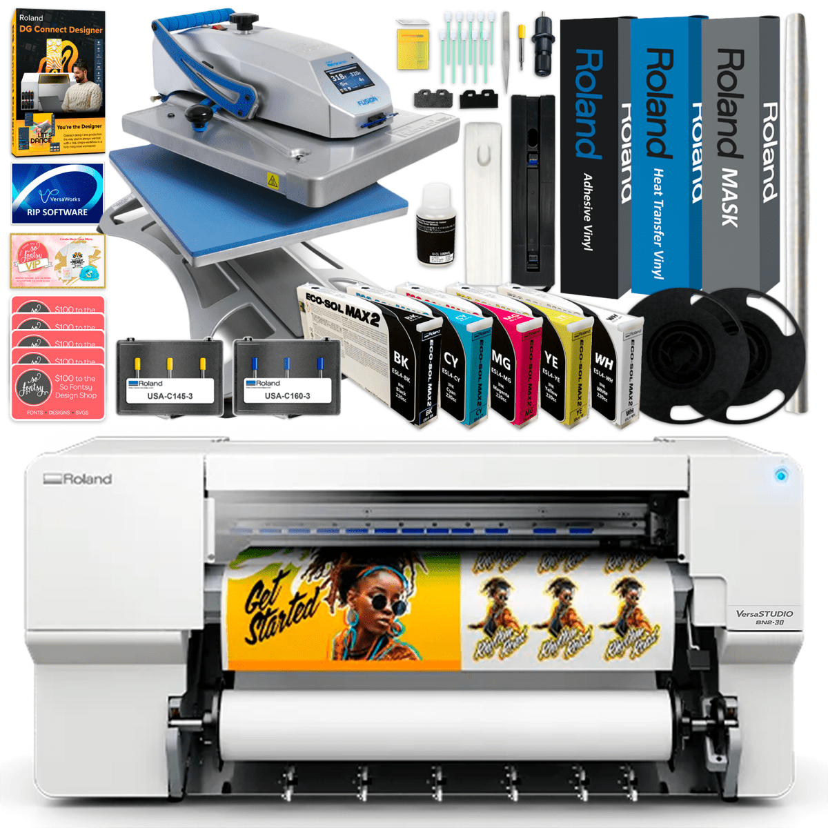 Roland BN2-30 Eco-Solvent 30" Printer &amp; Cutter Heat Press Business BundleBN2-30 w/ CMYK + White Inks - Swing Design1