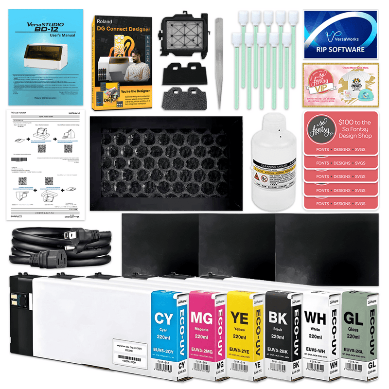 Roland VersaStudio BD-12 Desktop UV Flatbed Printer Bundle with Rotary Rack - Swing Design3