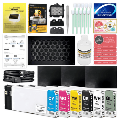 Roland VersaStudio BD-8 Desktop UV Flatbed Printer Bundle - 8" x 6"CMYK + Gloss Ink - Swing Design2