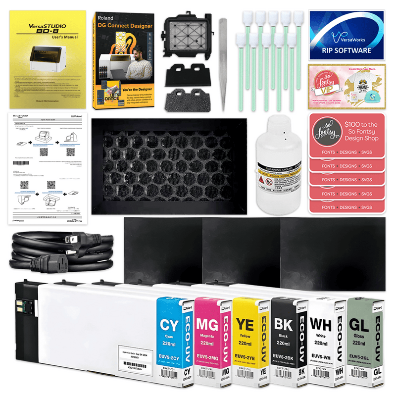 Roland VersaStudio BD-8 Desktop UV Flatbed Printer Bundle - 8" x 6"CMYK + Gloss Ink - Swing Design2