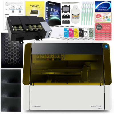 Roland VersaStudio BD-8 Desktop UV Flatbed Printer Bundle with Rotary Rack Eco Printers Roland CMYK + Gloss Ink 