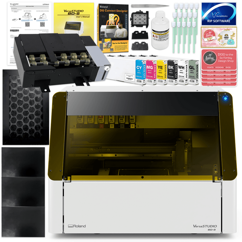 Roland VersaStudio BD-8 Desktop UV Flatbed Printer Bundle with Rotary RackCMYK + Gloss Ink - Swing Design1