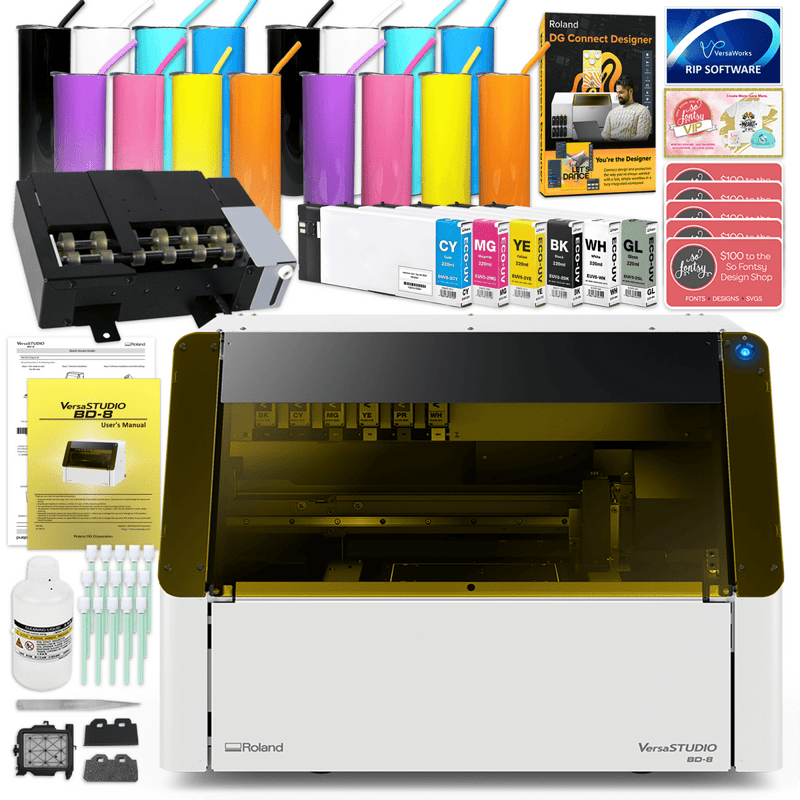 Roland VersaStudio BD-8 UV Flatbed Printer Bundle with Rotary Rack & TumblersCMYK + Gloss Ink - Swing Design1