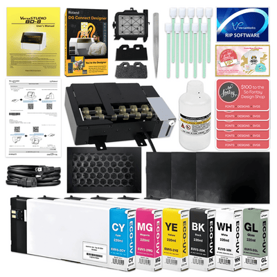 Roland VersaStudio BD-8 UV Flatbed Printer Bundle with Rotary Rack & TumblersCMYK + Primer Ink - Swing Design3