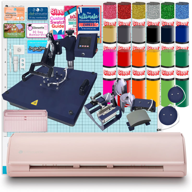 Silhouette Pink Cameo 5 w/ 8-in-1 Navy Heat Press & Siser HTV Silhouette Bundle Silhouette 