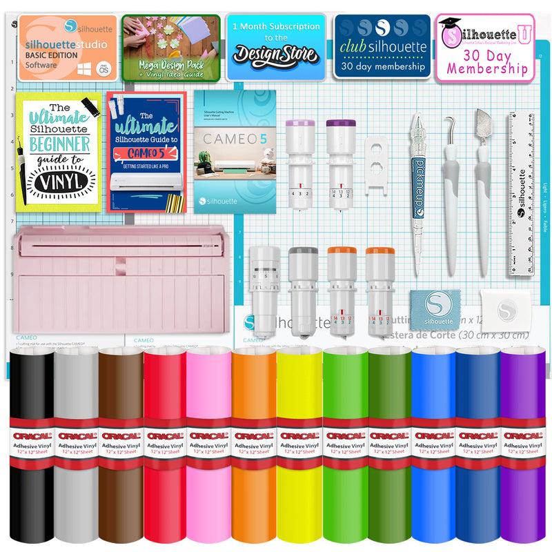 Silhouette Pink Cameo 5 w/ Deluxe Blade & Tool Pack, Mat Pack, Guides, Designs Silhouette Bundle Silhouette 