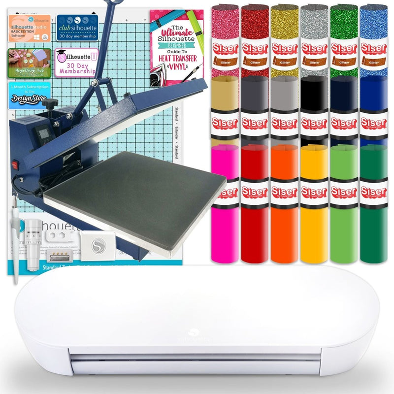 Silhouette Portrait 4 w/ 15" x 15" Navy Blue Heat Press & Siser HTV - Swing Design1