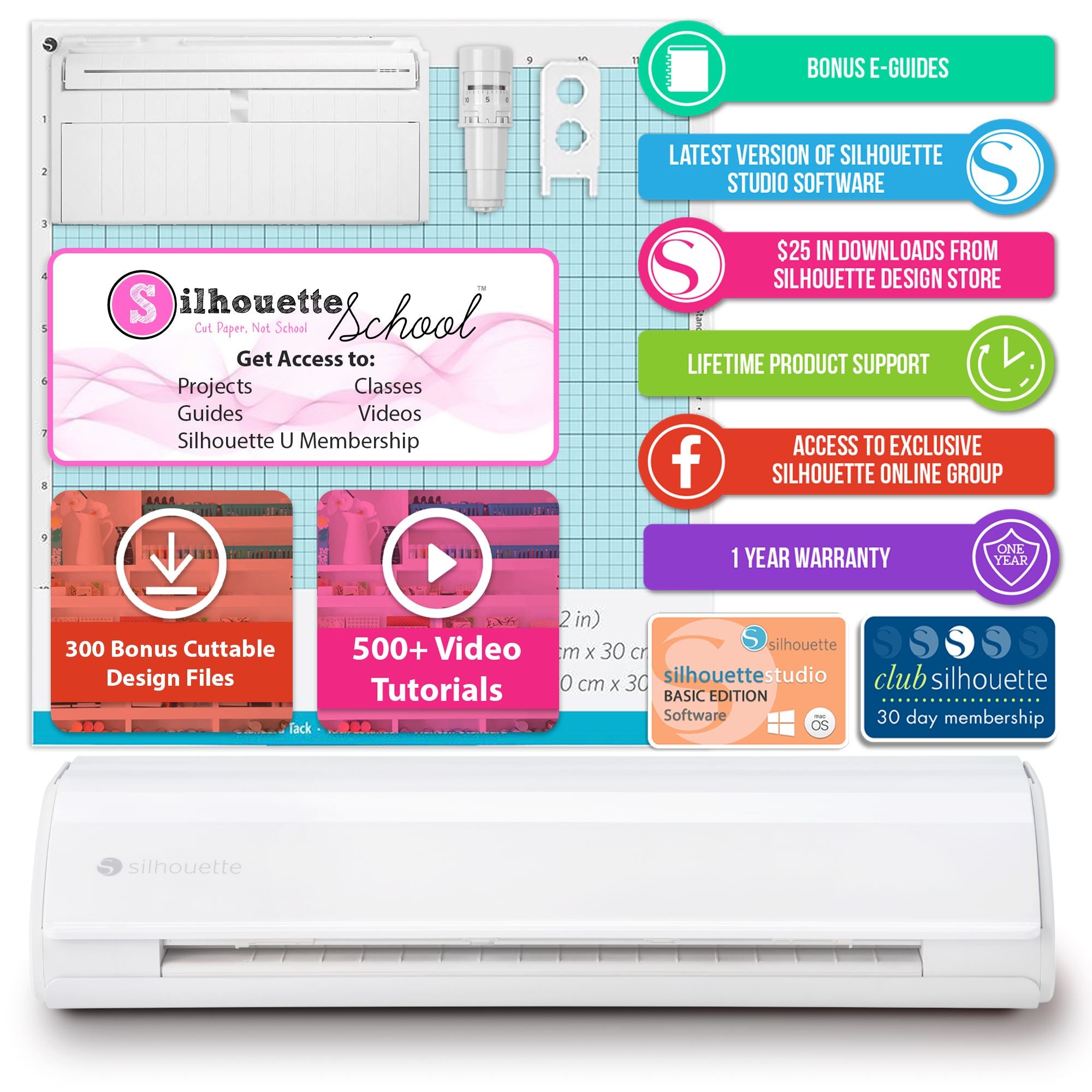Silhouette White Cameo 5 w/ 38 Oracal Sheets, Siser HTV, Guides, 24 Pens Silhouette Bundle Silhouette 
