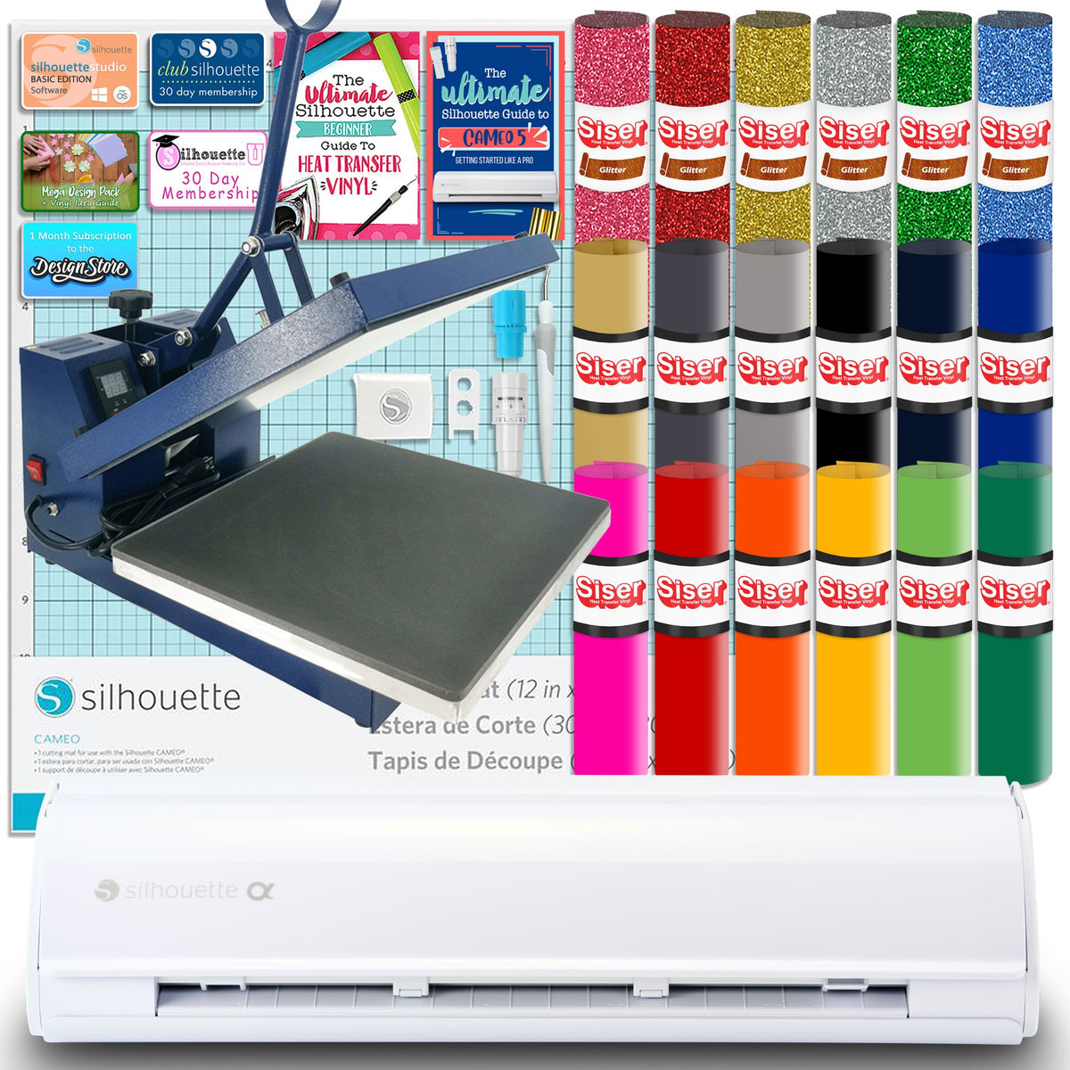 Silhouette White Cameo 5α Alpha w/ 15" x 15" Navy Heat Press &amp; Siser HTV Silhouette Bundle Silhouette 