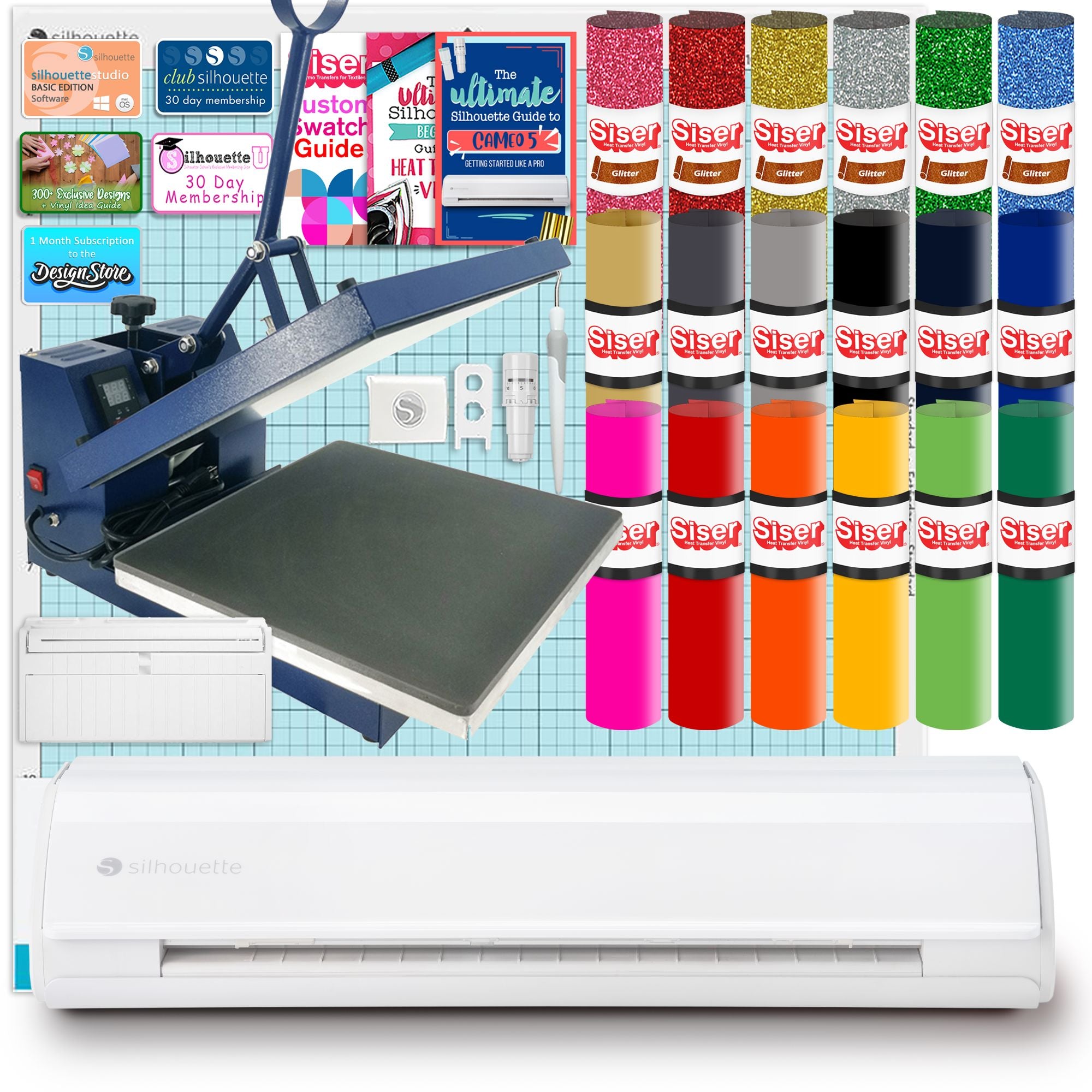 Silhouette White Cameo 5α Alpha w/ 15" x 15" Navy Heat Press & Siser HTV Silhouette Bundle Silhouette 