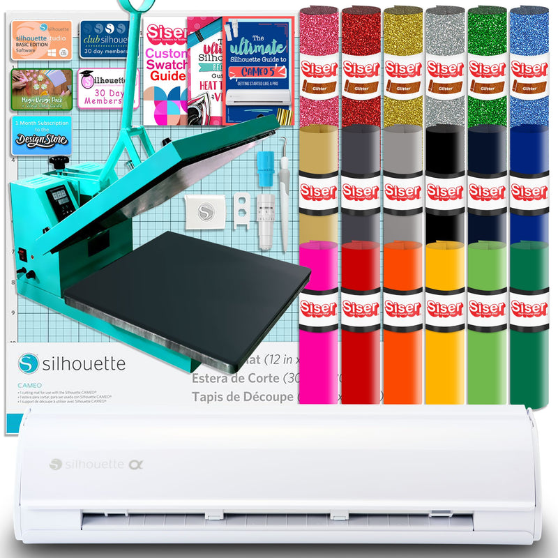 Silhouette White Cameo 5α Alpha w/ 15" x 15" Turquoise Heat Press & Siser HTV Silhouette Bundle Silhouette 