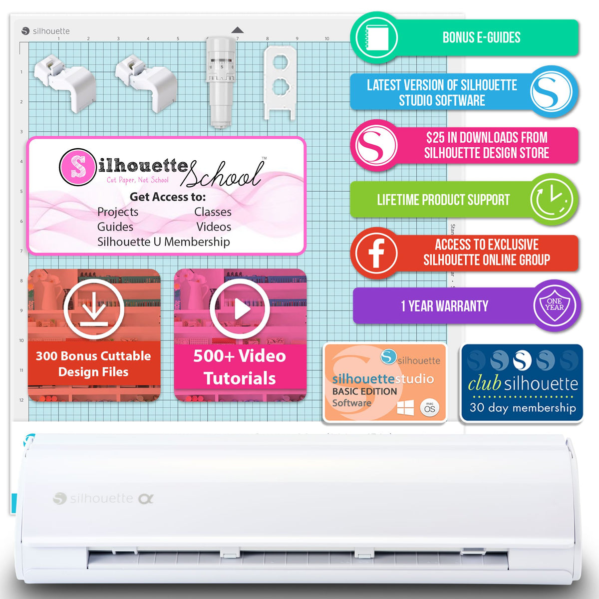 Silhouette White Cameo 5α Alpha w/ 38 Oracal Sheets, Siser HTV, Guides, 24 Pens Silhouette Bundle Silhouette 