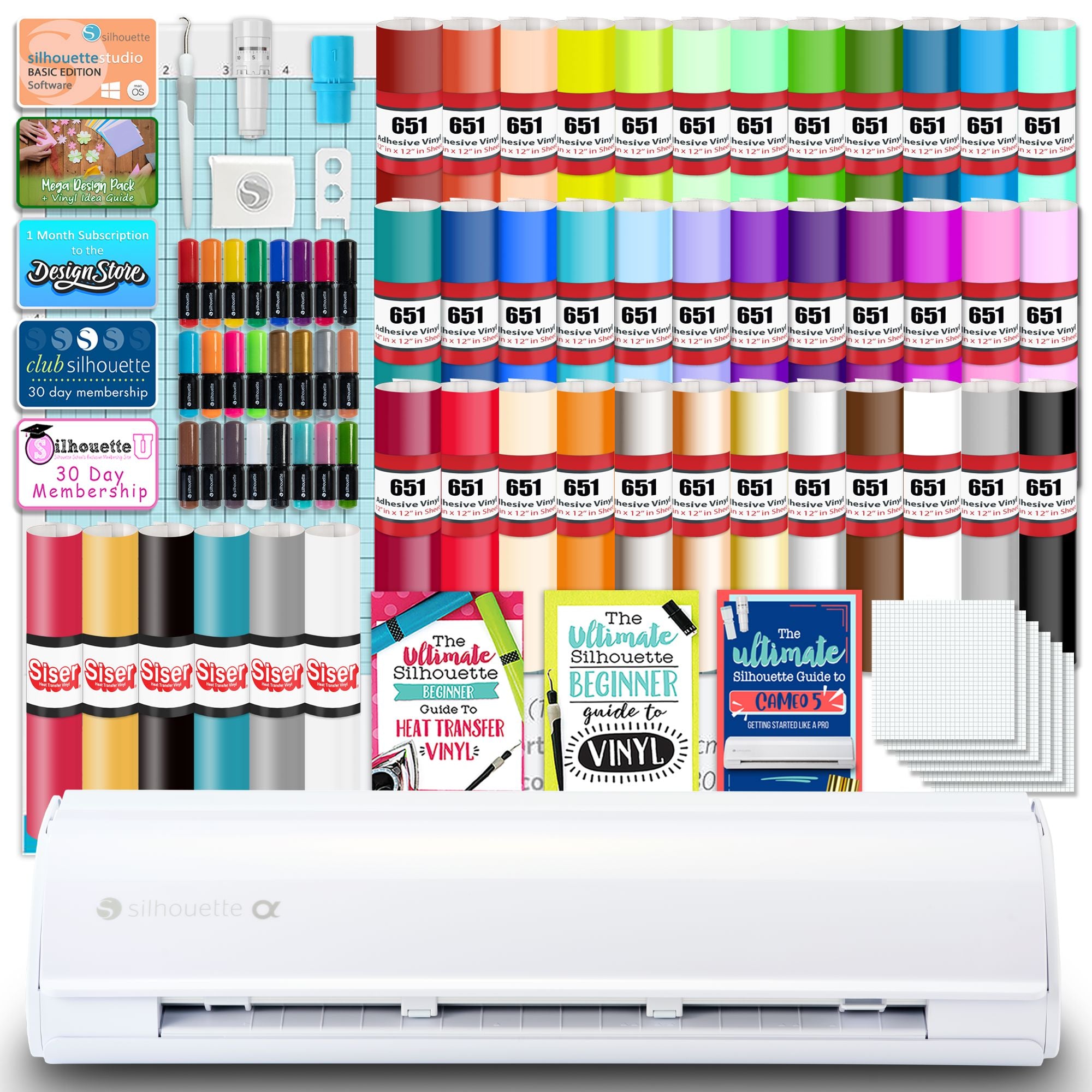 Silhouette White Cameo 5α Alpha w/ 38 Oracal Sheets, Siser HTV, Guides, 24 Pens Silhouette Bundle Silhouette 
