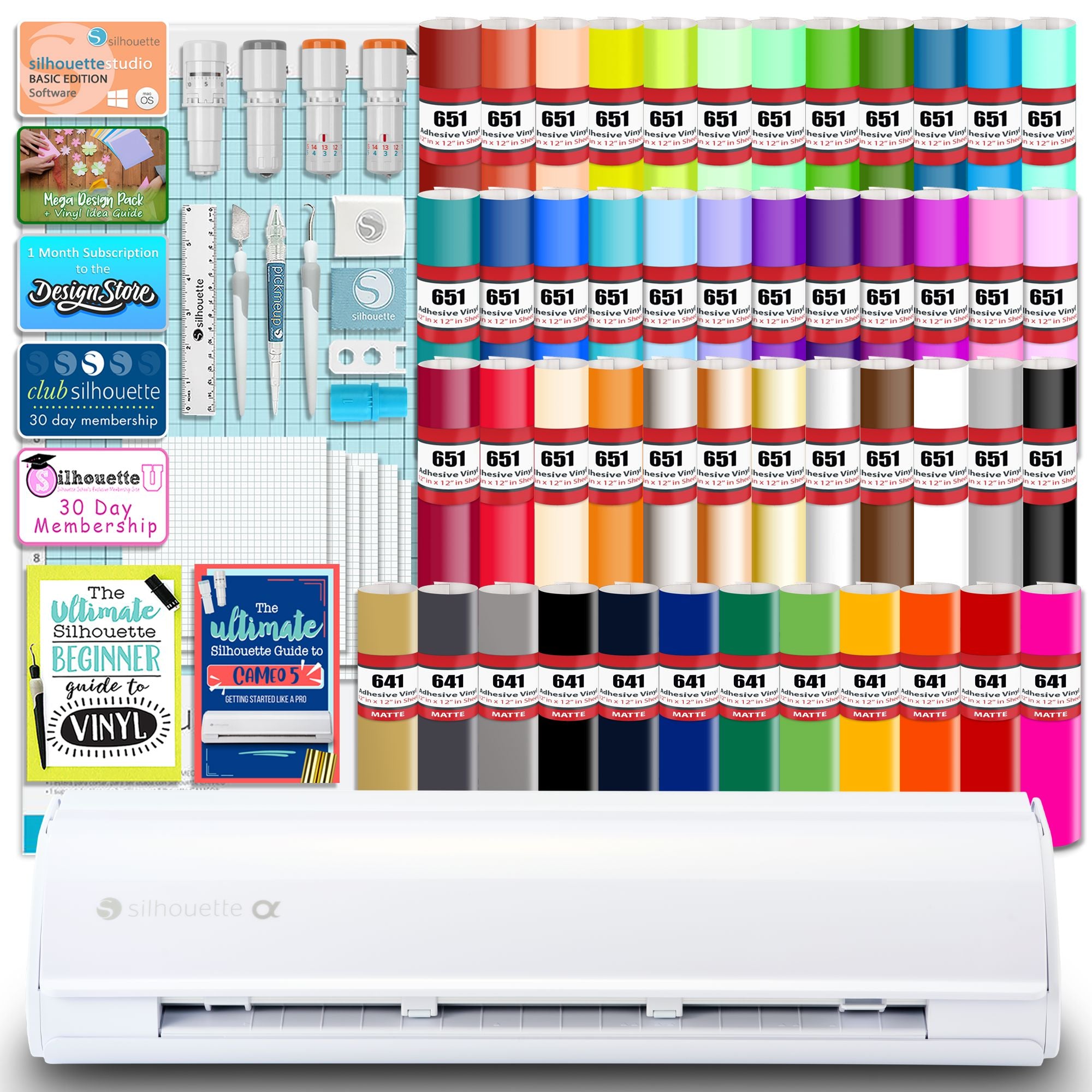 Silhouette White Cameo 5α Alpha w/ 64 Oracal Vinyl Sheets, Blades, Tools, Guides Silhouette Bundle Silhouette 