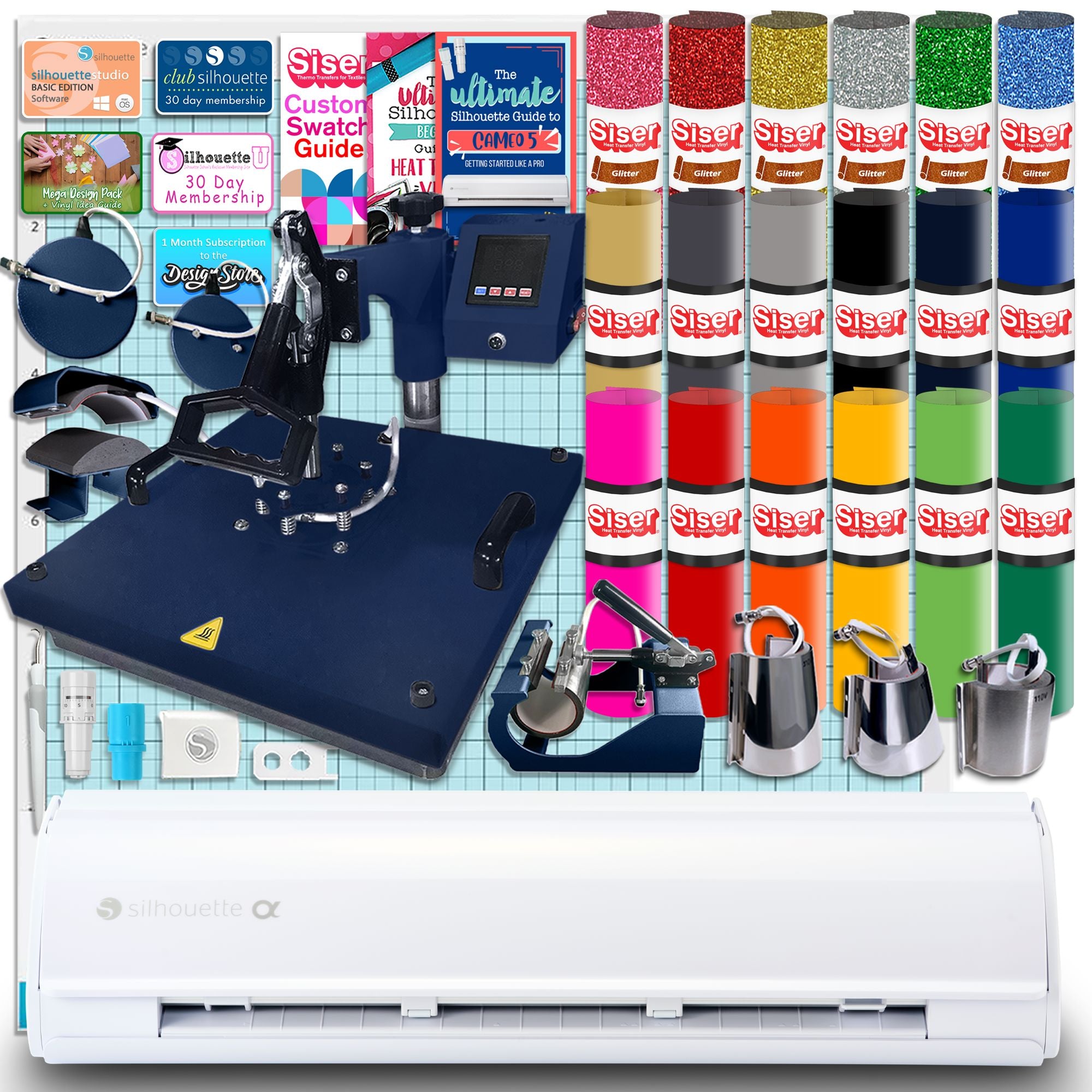 Silhouette White Cameo 5α Alpha w/ 8-in-1 Navy Heat Press & Siser HTV Silhouette Bundle Silhouette 