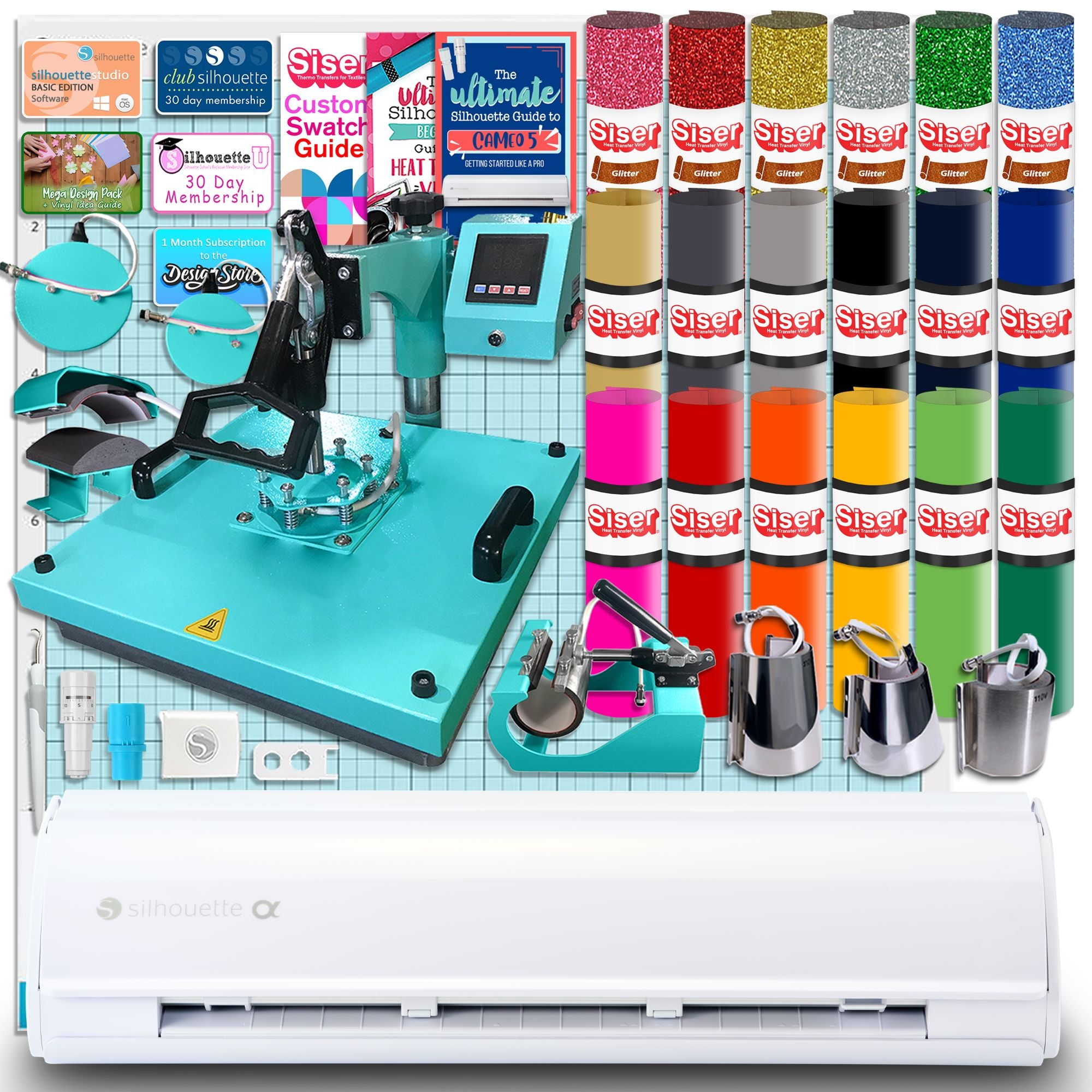 Silhouette White Cameo 5α Alpha w/ 8-in-1 Turquoise Heat Press & Siser HTV Silhouette Bundle Silhouette 