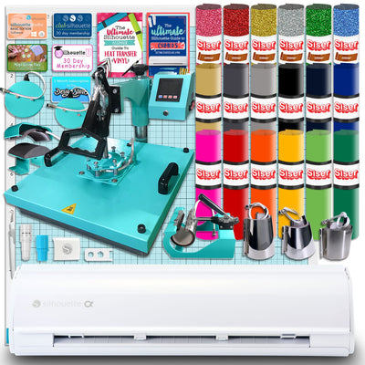 Silhouette White Cameo 5α Alpha w/ 8-in-1 Turquoise Heat Press &amp; Siser HTV Silhouette Bundle Silhouette 