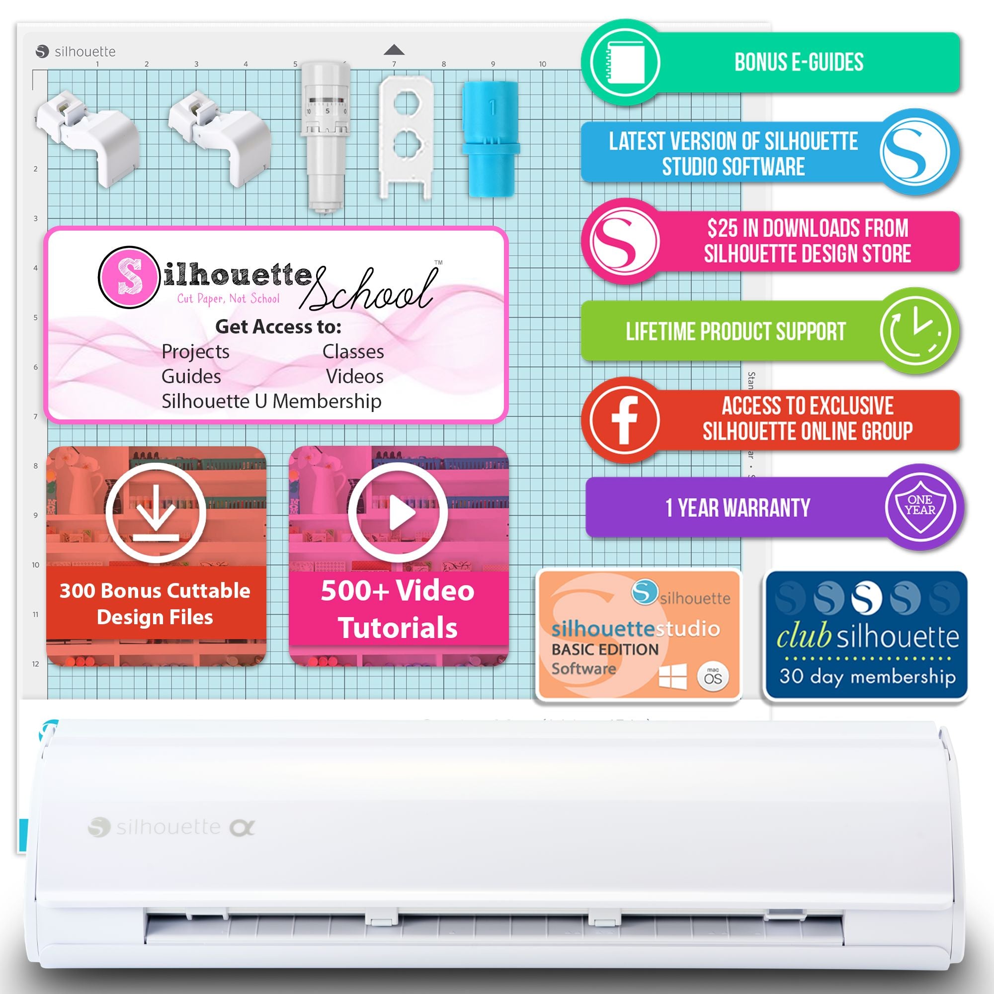 Silhouette White Cameo 5α Alpha w/ Deluxe Blade & Tool Pack, Mat Pack, Guides Silhouette Bundle Silhouette 