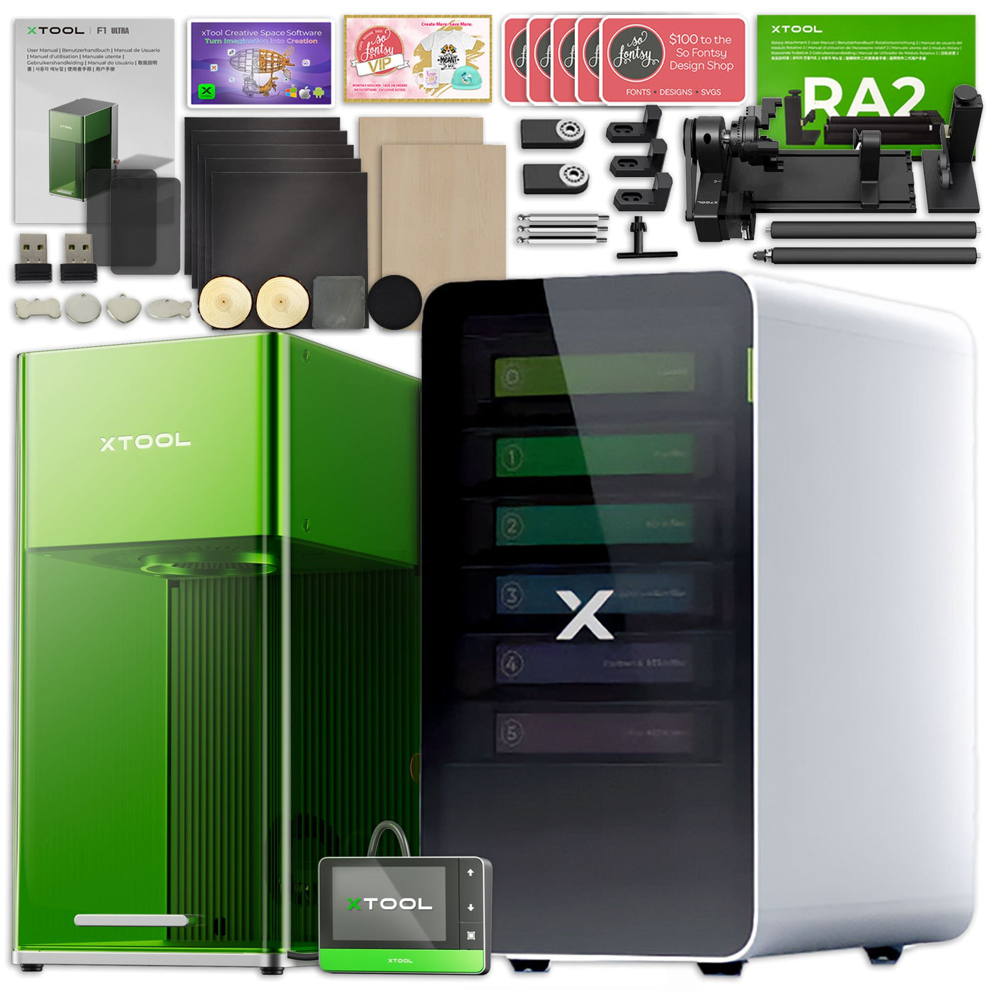 xtool p2s 55w co2 laser cutter engraver riser rotary rail bundle