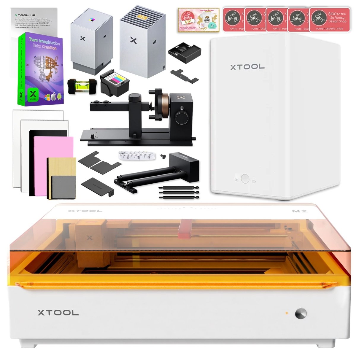 xTool M2 Laser with CMYK Inkjet Module, Rotary Tool, Deluxe Blanks &amp; Air Filter 10W Laser Swing Design 1