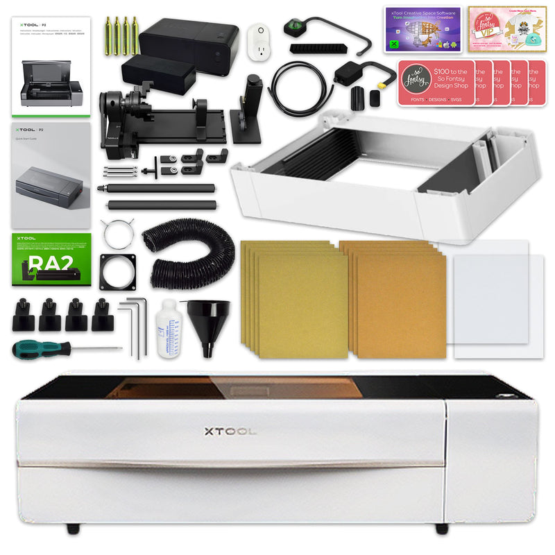 xTool P2 55W CO2 Laser Cutter & Engraver Riser & Rotary Bundle - White Laser Engraver xTool 