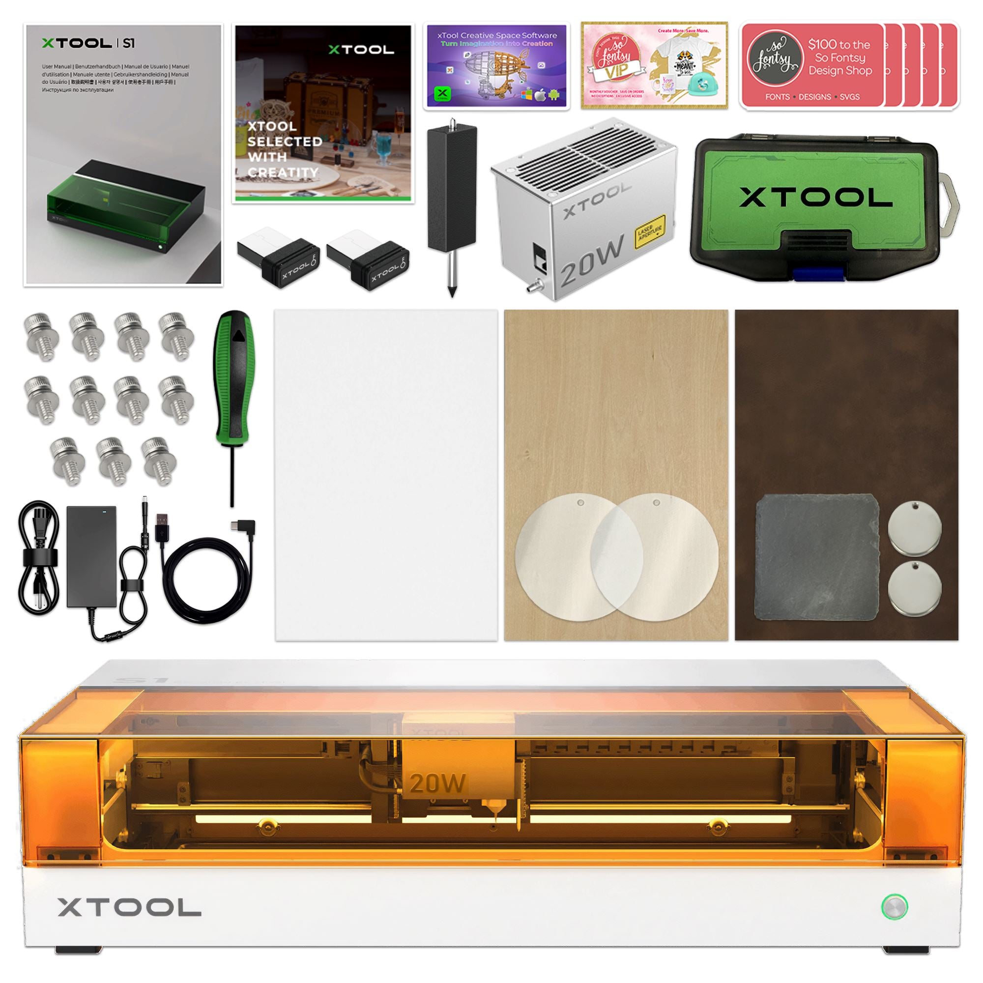 xTool S1 Laser Cutter & Engraver Bundle w/ Air Assist, Honeycomb, Filter - White Laser Engraver xTool 