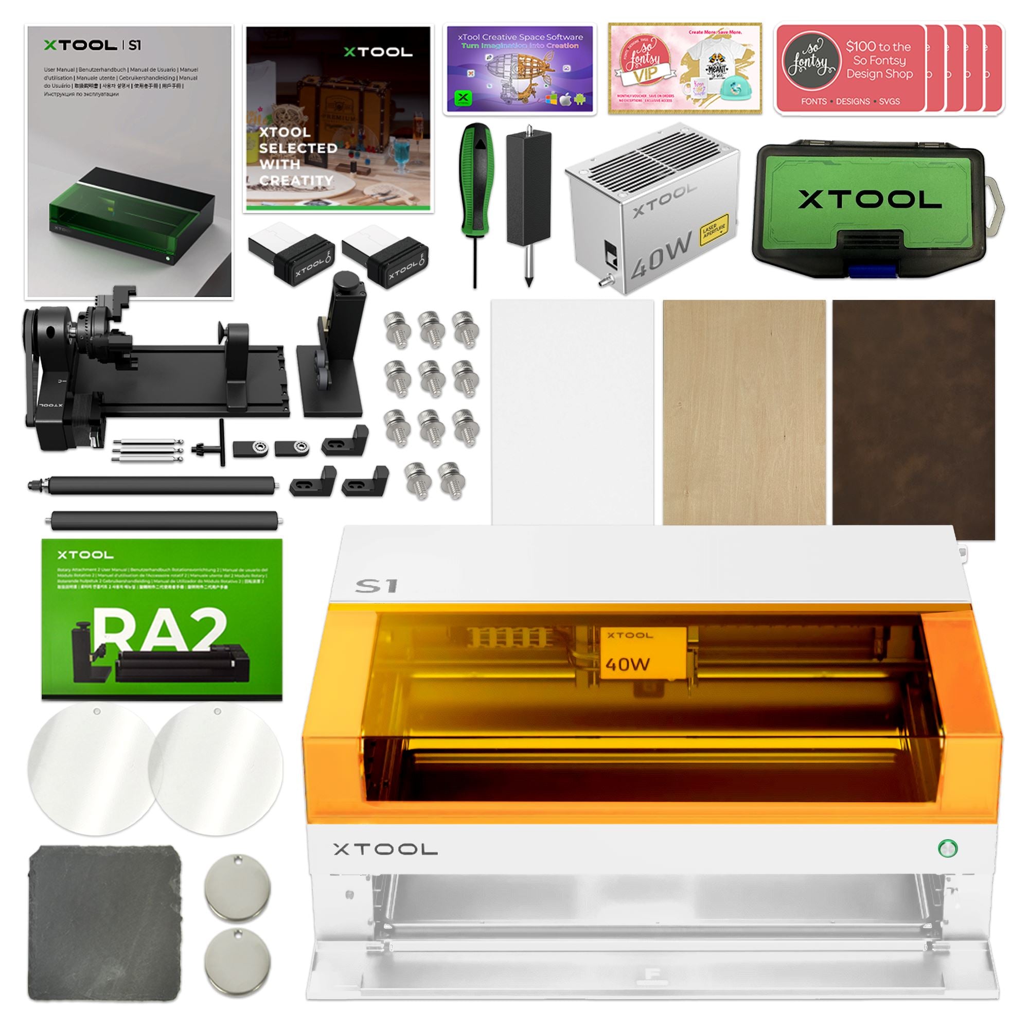 xTool S1 Laser Cutter & Engraver Bundle w/ Rotary, Rail, Riser, Filter - White Laser Engraver xTool 