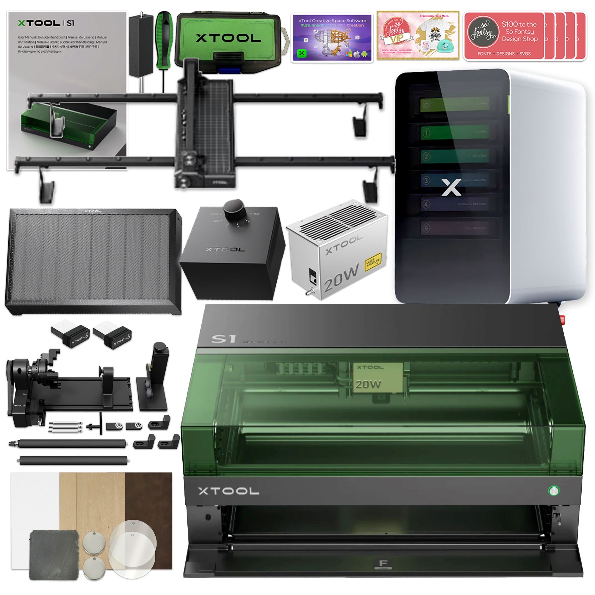 xTool S1 Laser Cutter & Engraver Machine Bundle w/ Rotary, Rail, Riser, Filter Laser Engraver xTool 20W Diode Laser 