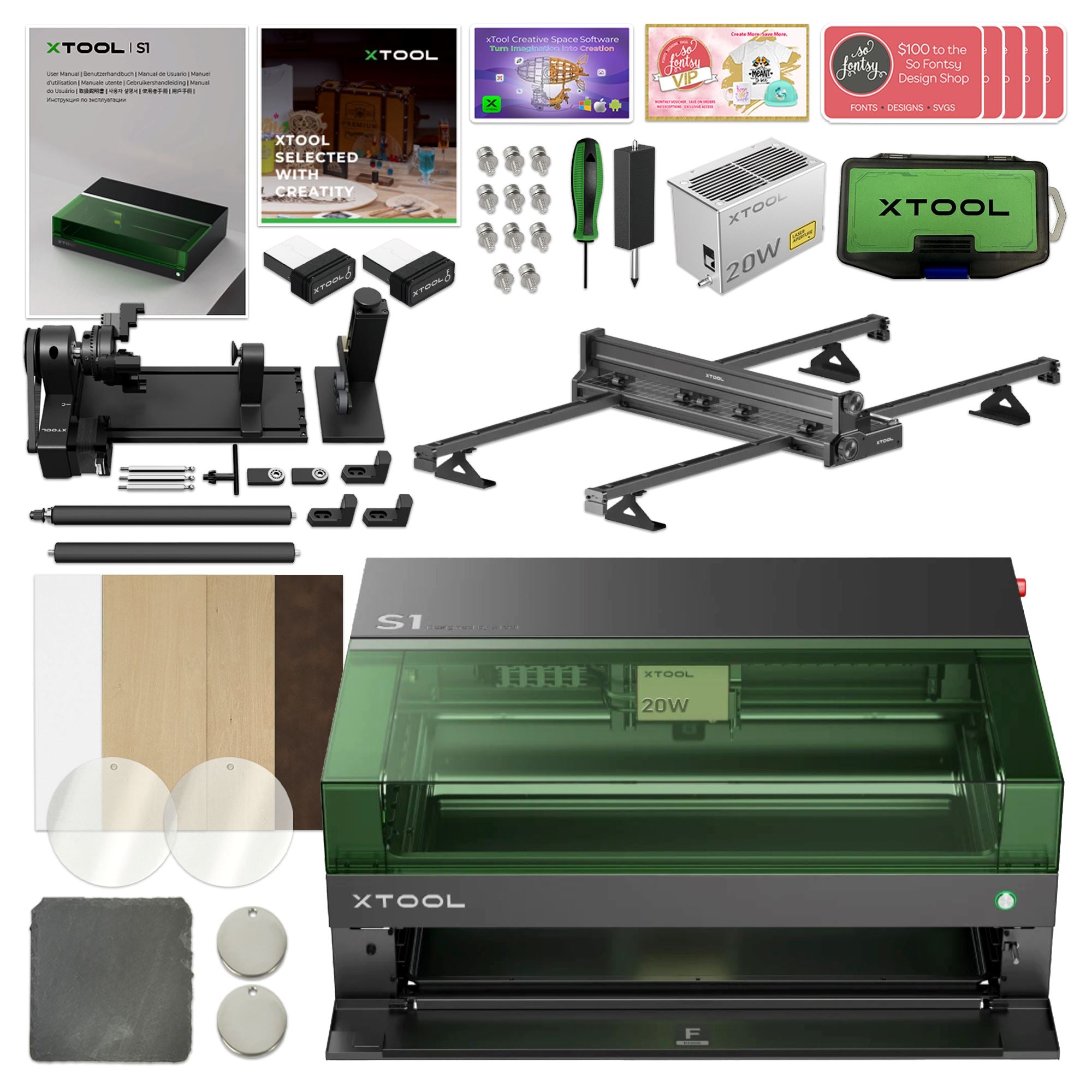 xTool S1 Laser Cutter & Engraver Machine Bundle w/ Rotary, Rail, Riser, Filter - 20W Diode Laser
