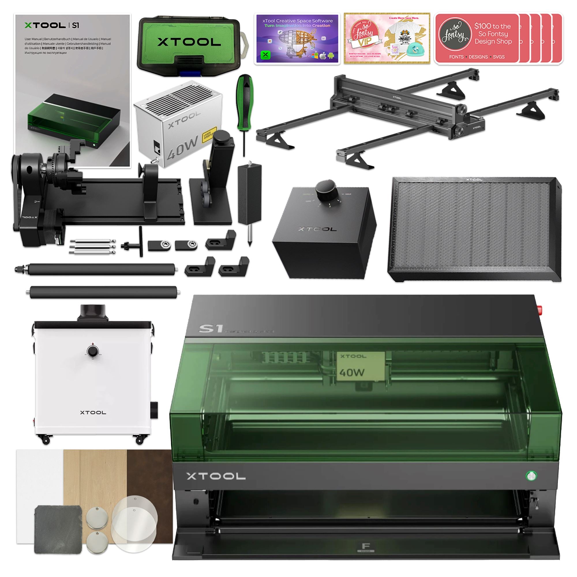 xTool S1 Laser Cutter & Engraver Machine Bundle w/ Rotary, Rail, Riser, Filter - 40W Diode Laser +