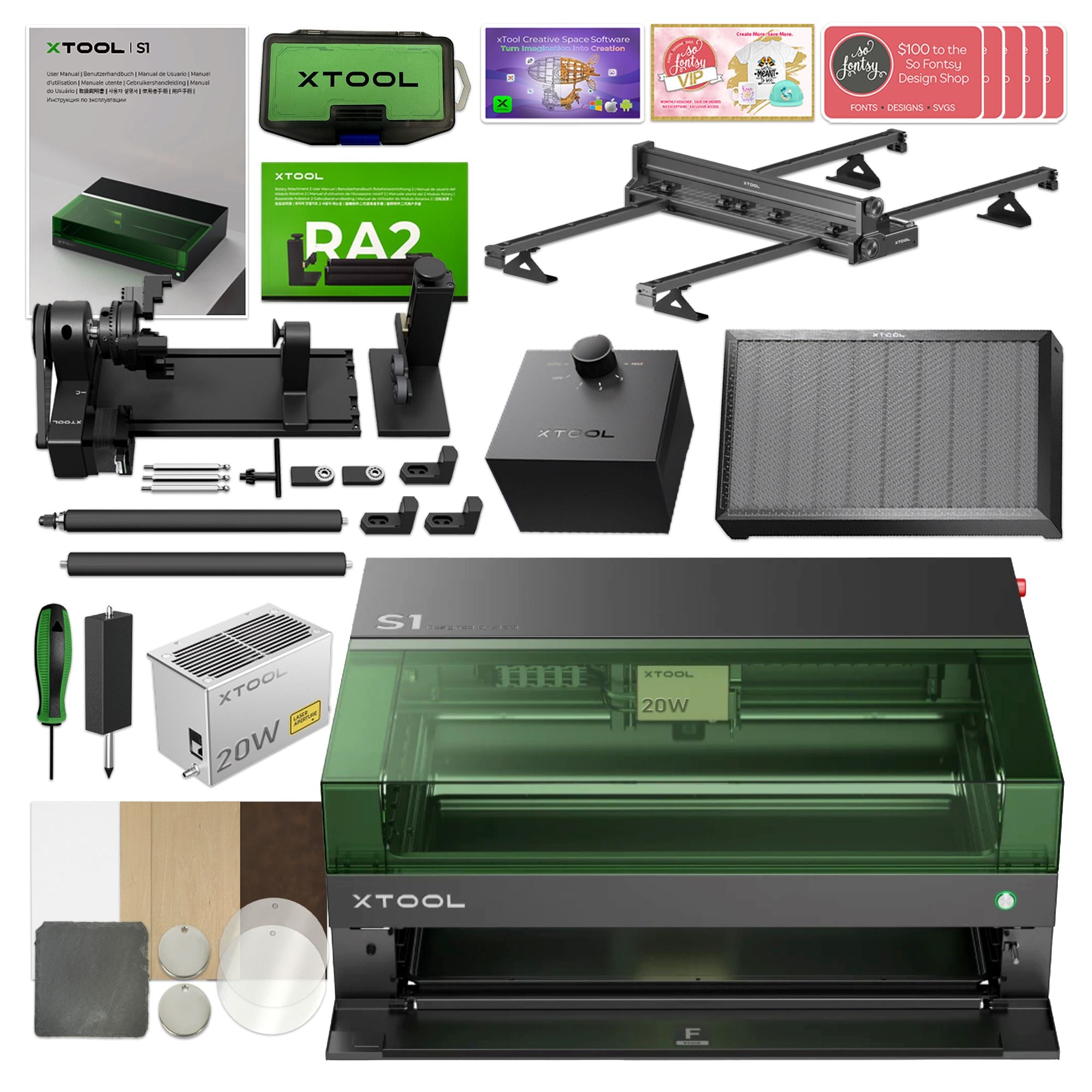 xTool S1 Laser Cutter & Engraver Machine Bundle w/ Rotary, Rail & Riser - 20W Diode Laser